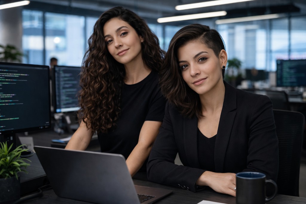 Two professionals in a modern tech office with monitors and a laptop, representing an expert automation and operations team